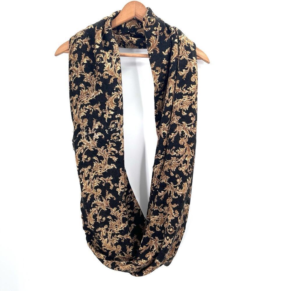 Vintage Chaps Infinity Scarf - Black Tan Filigree Pattern Soft Neck Scarf